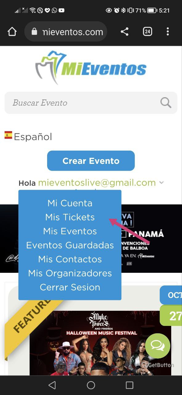 Vista de ejemplo de sección Mis Tickets en MiEventos
