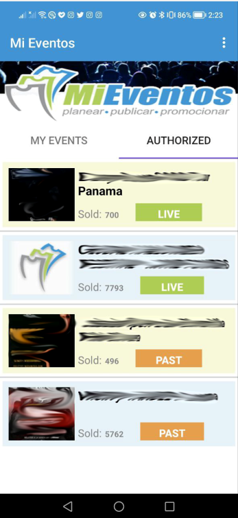 Listado de eventos en la app