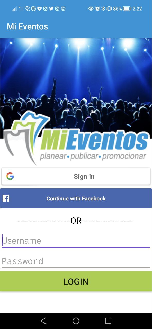 Pantalla de inicio de sesión de la app